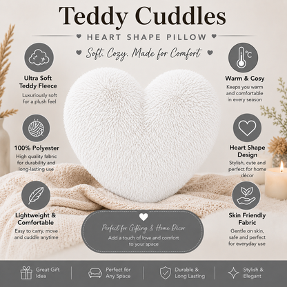 Teddy Cuddles Heart Shape Teddy Fleece Cushion – Soft Filled Decorative Cushion | Night Zone