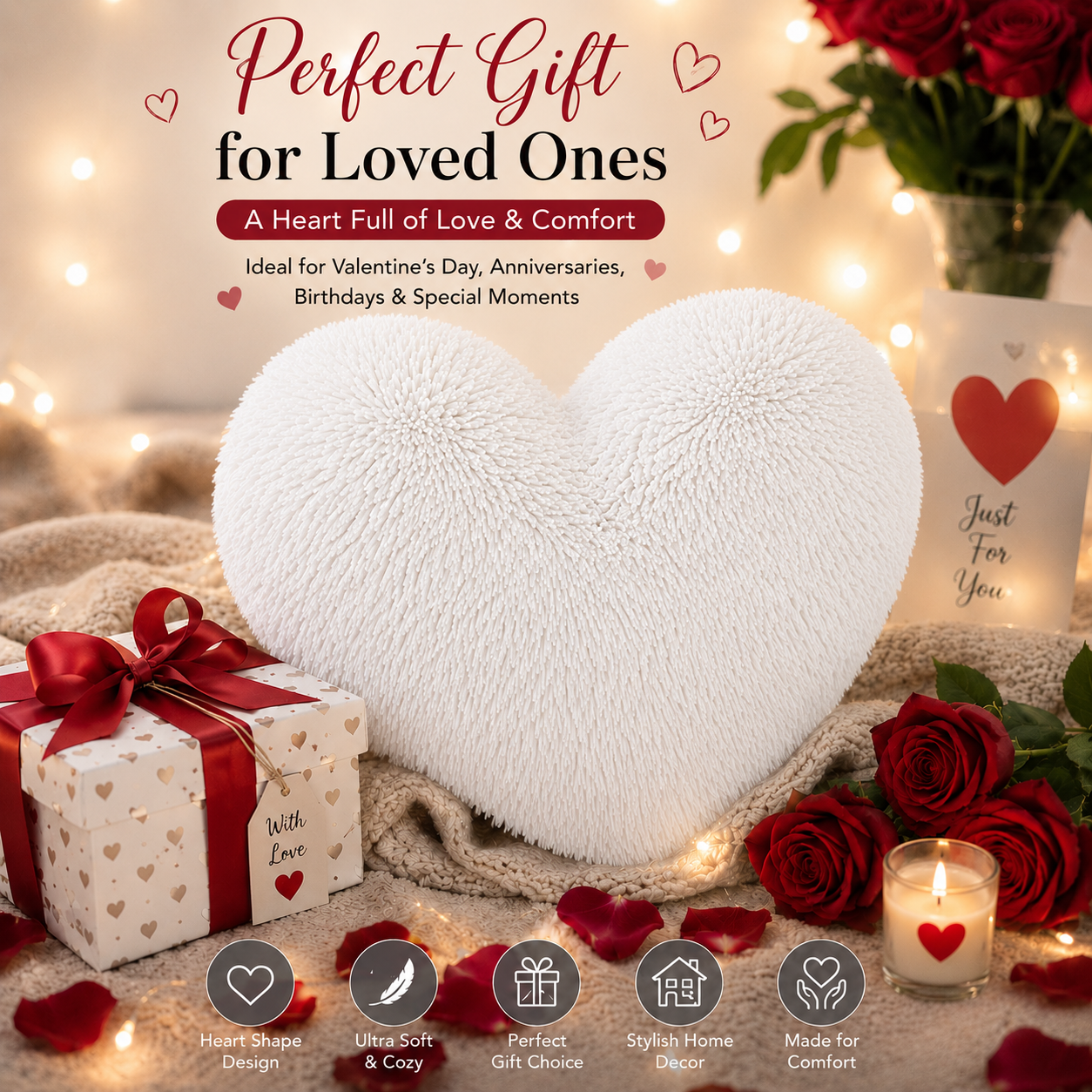 Teddy Cuddles Heart Shape Teddy Fleece Cushion – Soft Filled Decorative Cushion | Night Zone