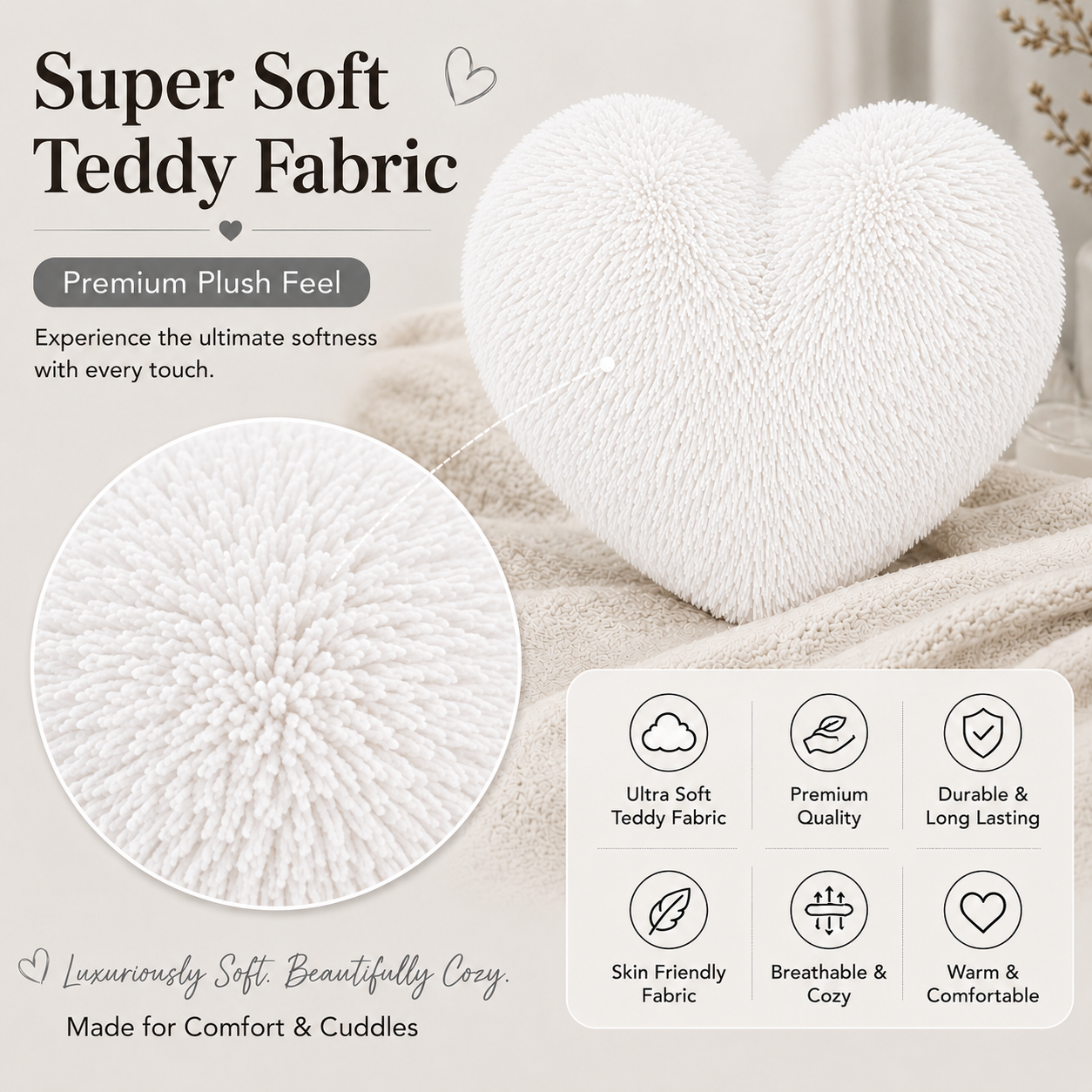 Teddy Cuddles Heart Shape Teddy Fleece Cushion – Soft Filled Decorative Cushion | Night Zone