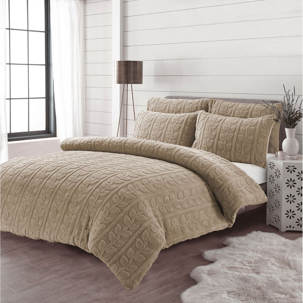 Embossed Leaf Teddy Fleece Duvet Cover Set – Super Soft Warm Plush Winter Bedding with Pillowcases | Night Zone