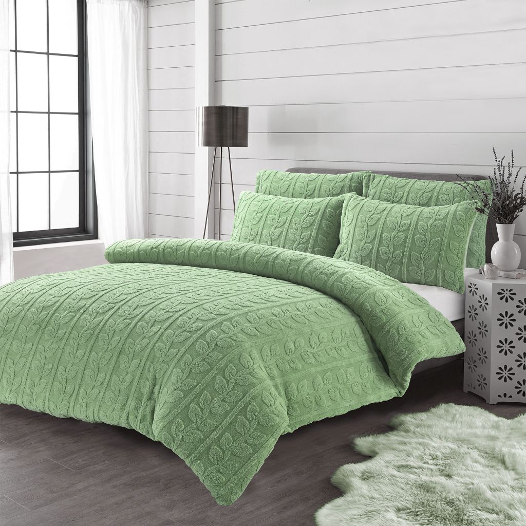 Embossed Leaf Teddy Fleece Duvet Cover Set – Super Soft Warm Plush Winter Bedding with Pillowcases | Night Zone