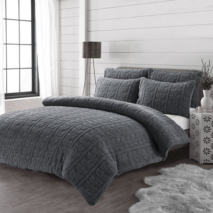Embossed Leaf Teddy Fleece Duvet Cover Set – Super Soft Warm Plush Winter Bedding with Pillowcases | Night Zone