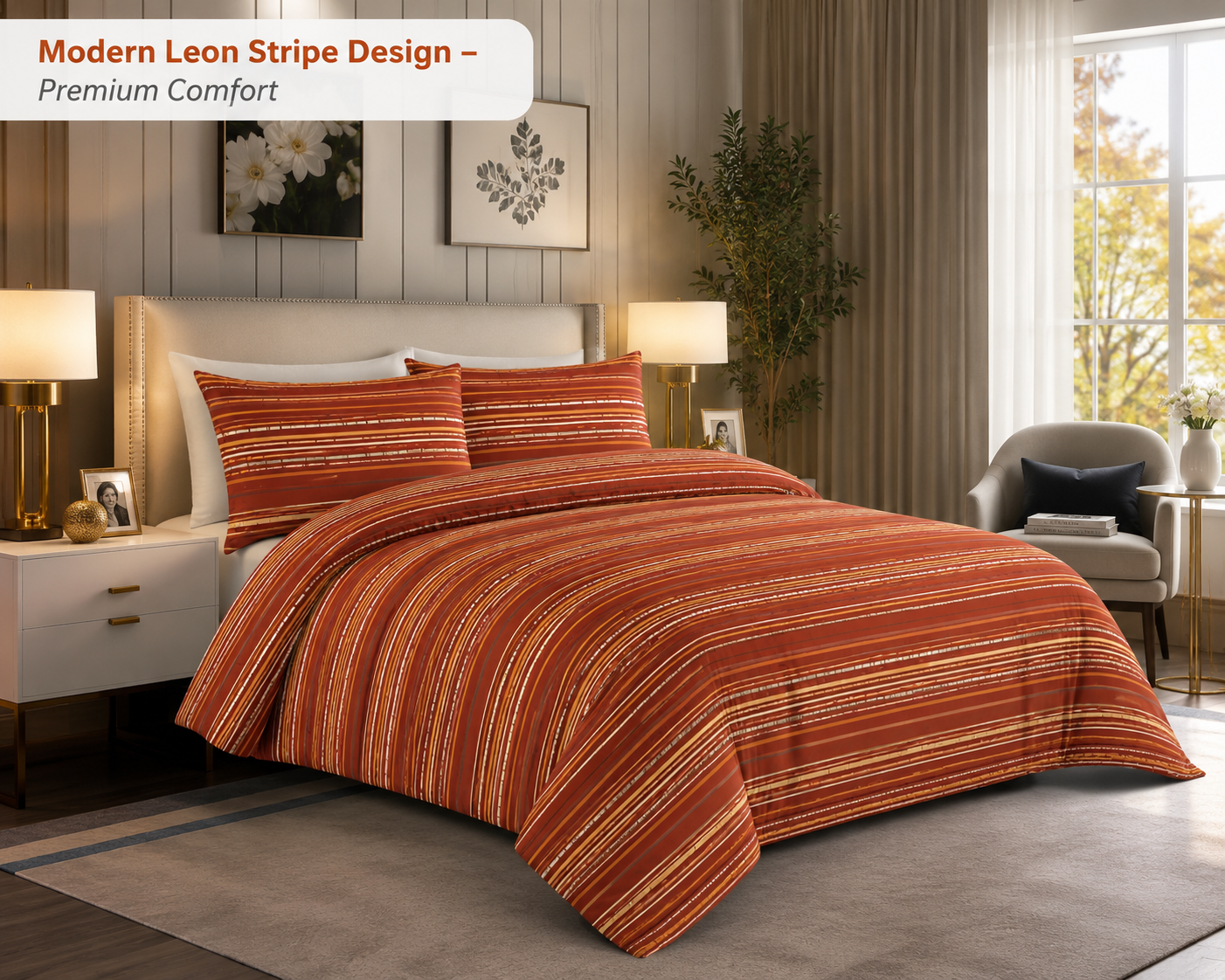 Leon Stripe Lines Reversible Duvet Cover Set – Modern Easy Care Bedding | Night Zone