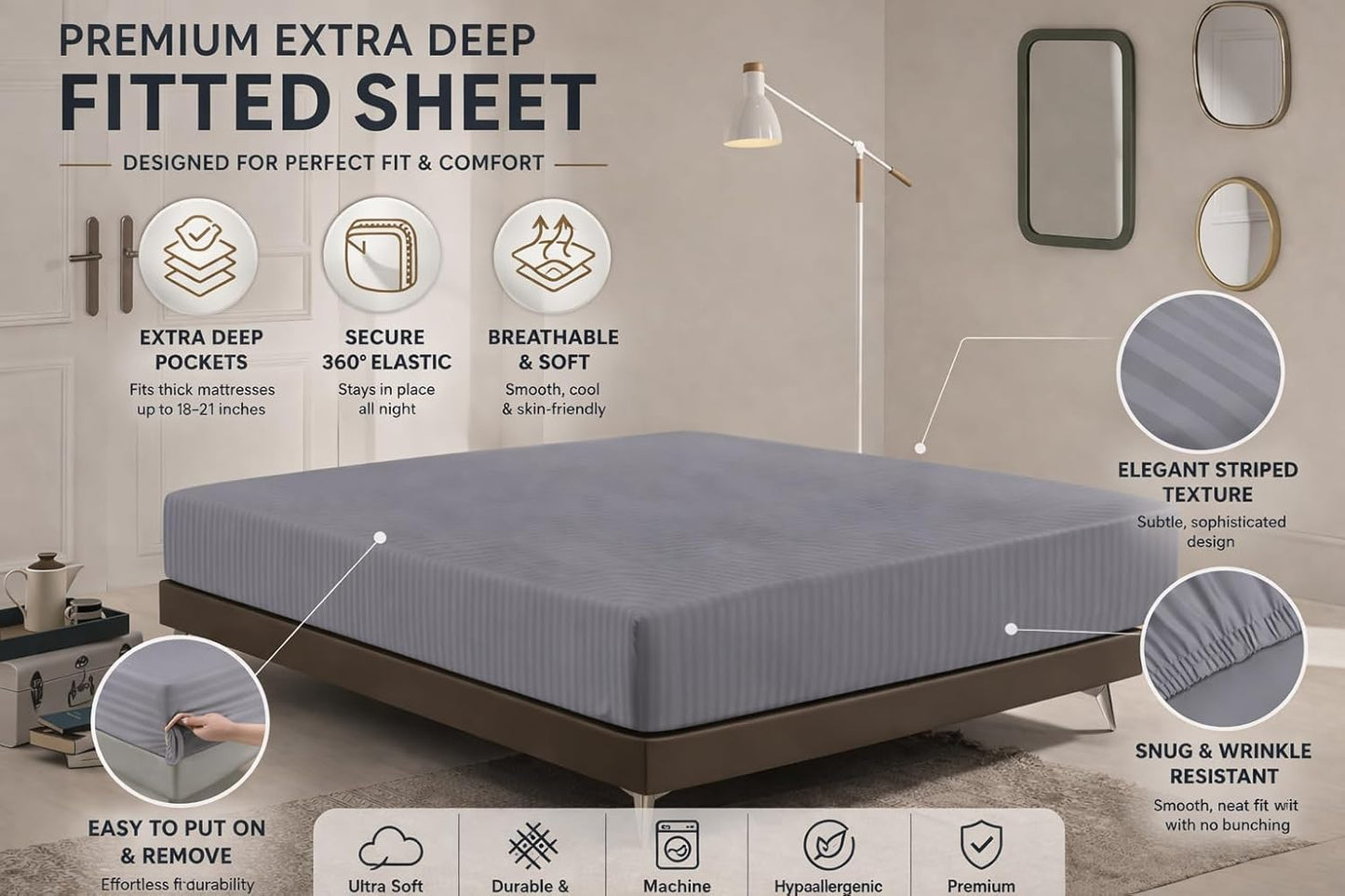 Microfiber Embossed Stripe Extra Deep Fitted Sheet 40cm – Brushed Soft Fitted Bed Sheet | Night Zone