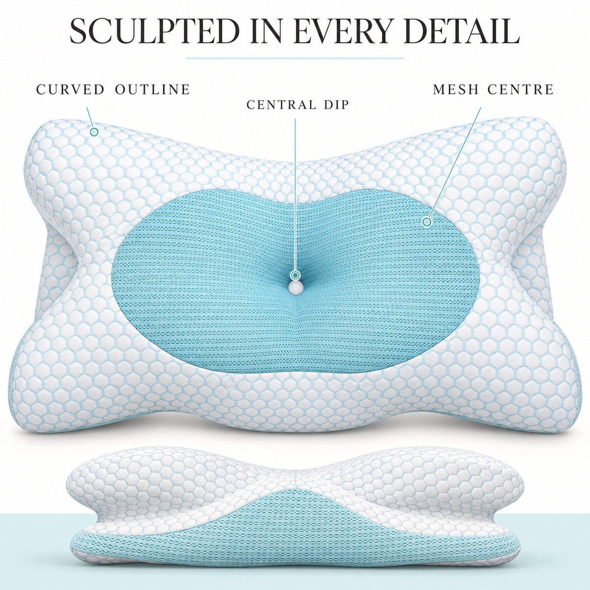 Night Zone anti-snoring pillow – Curved outline, central dip and mesh centre
