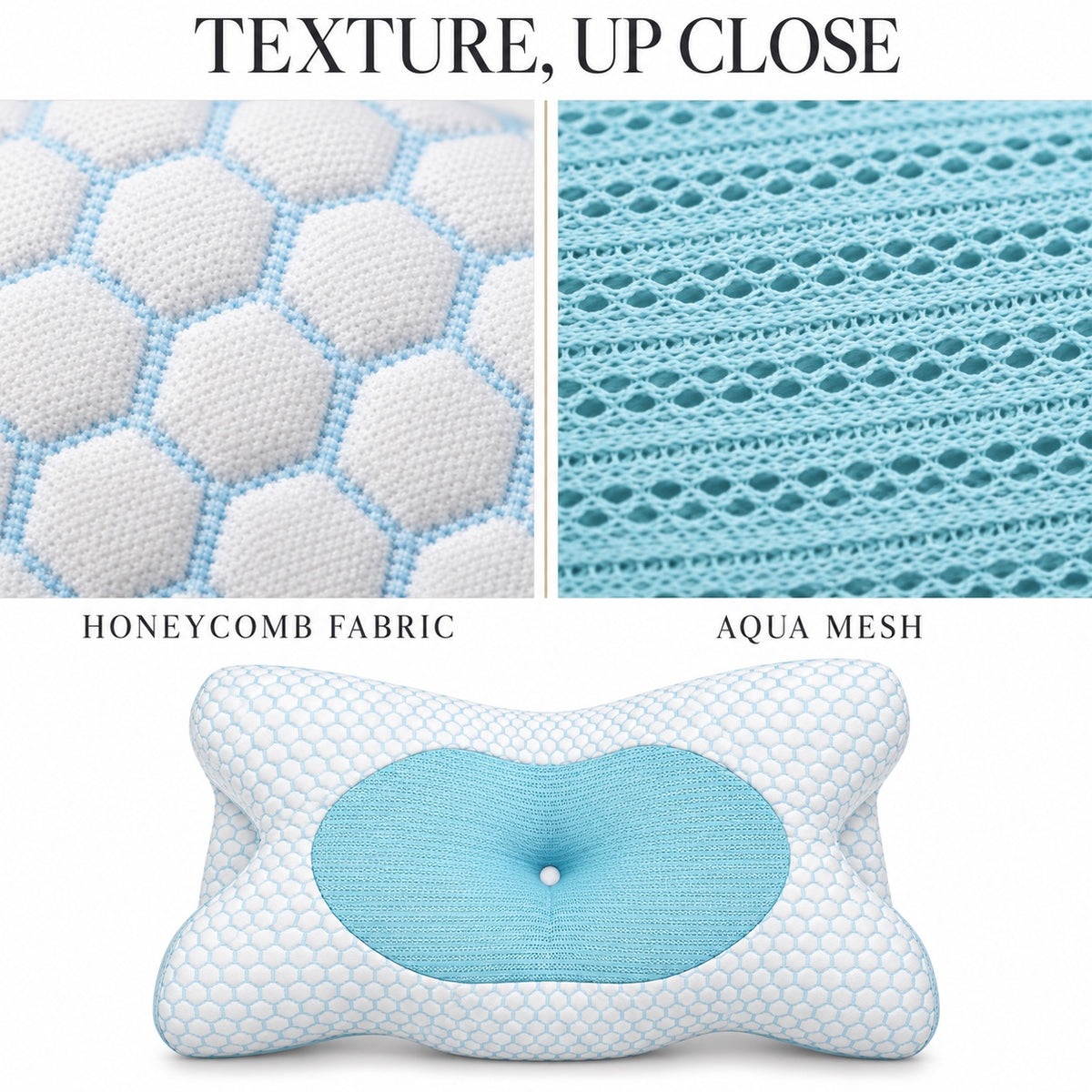Night Zone anti-snoring pillow – Honeycomb fabric and aqua mesh close-up