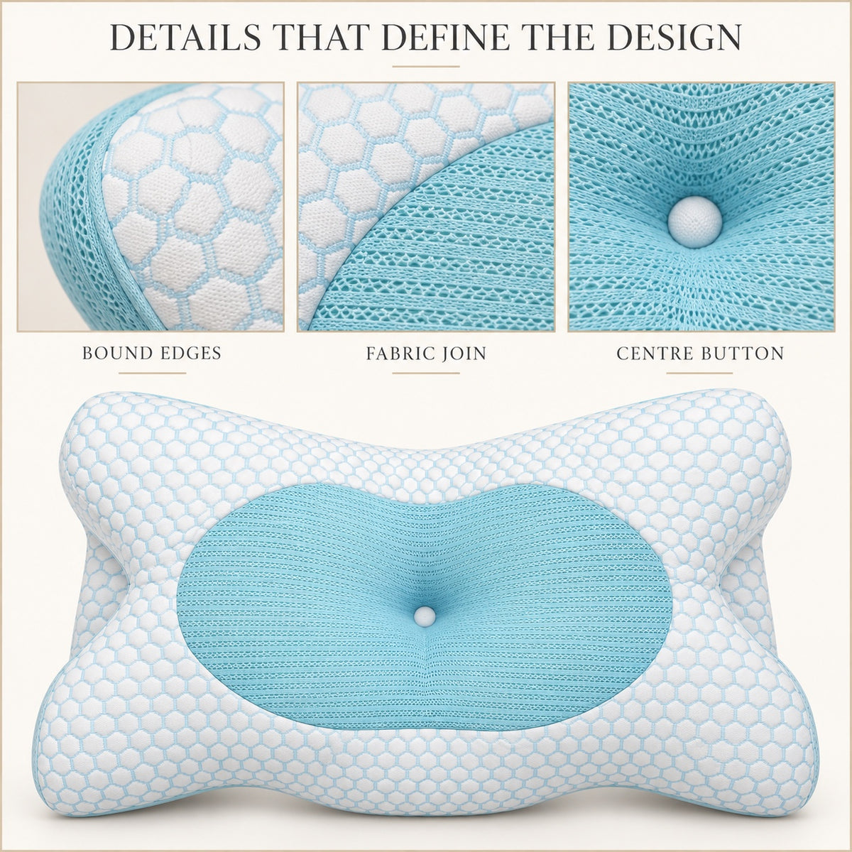 Night Zone anti-snoring pillow – Bound edges, fabric join and centre button