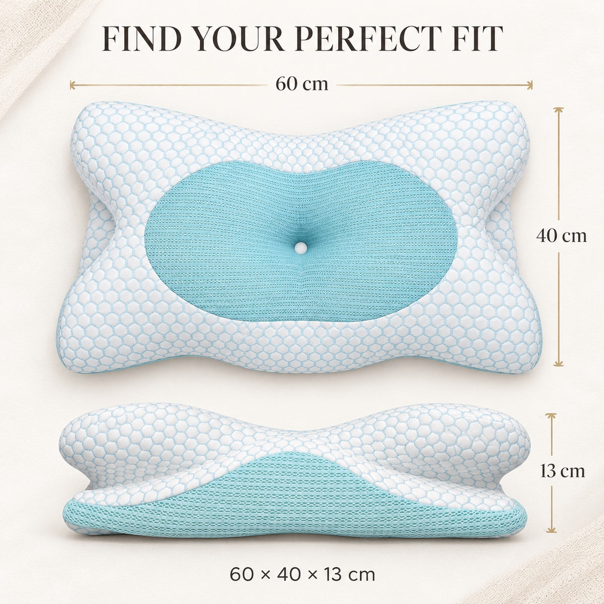 Night Zone anti-snoring pillow – Size guide: 60 x 40 x 13 cm