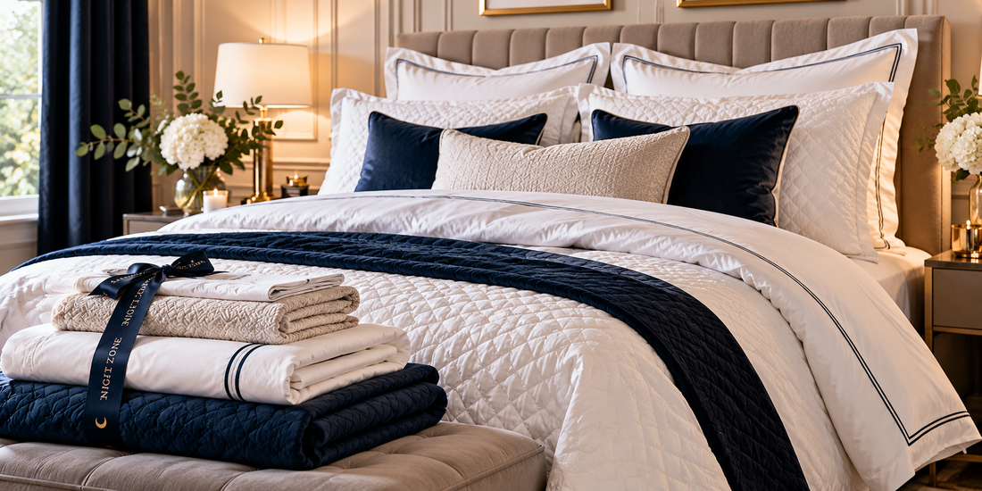 Premium Night Zone bedding collection in a luxurious navy and cream bedroom