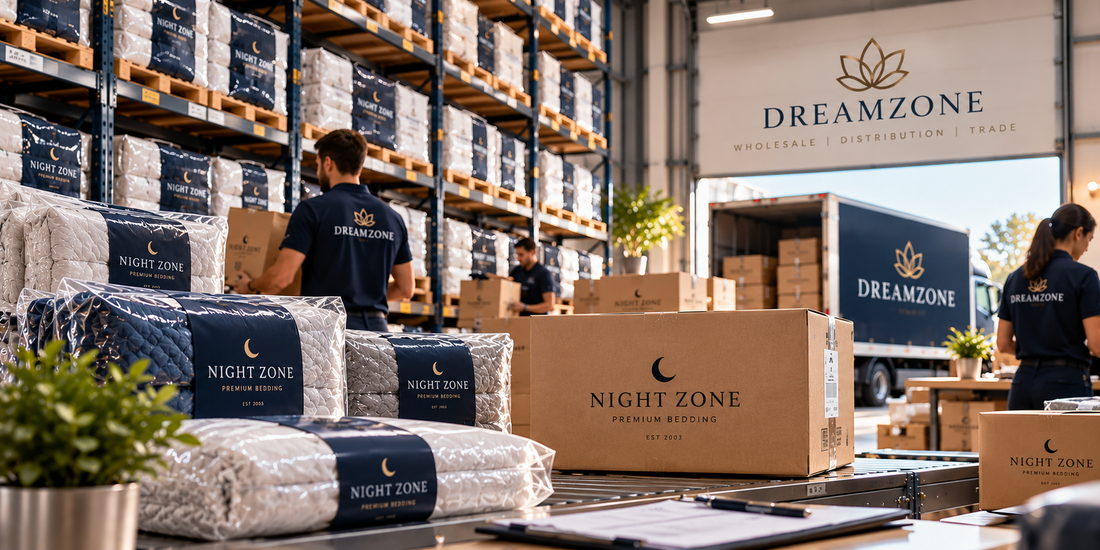 Illustrative Dreamzone warehouse with Night Zone branded bedding packaging