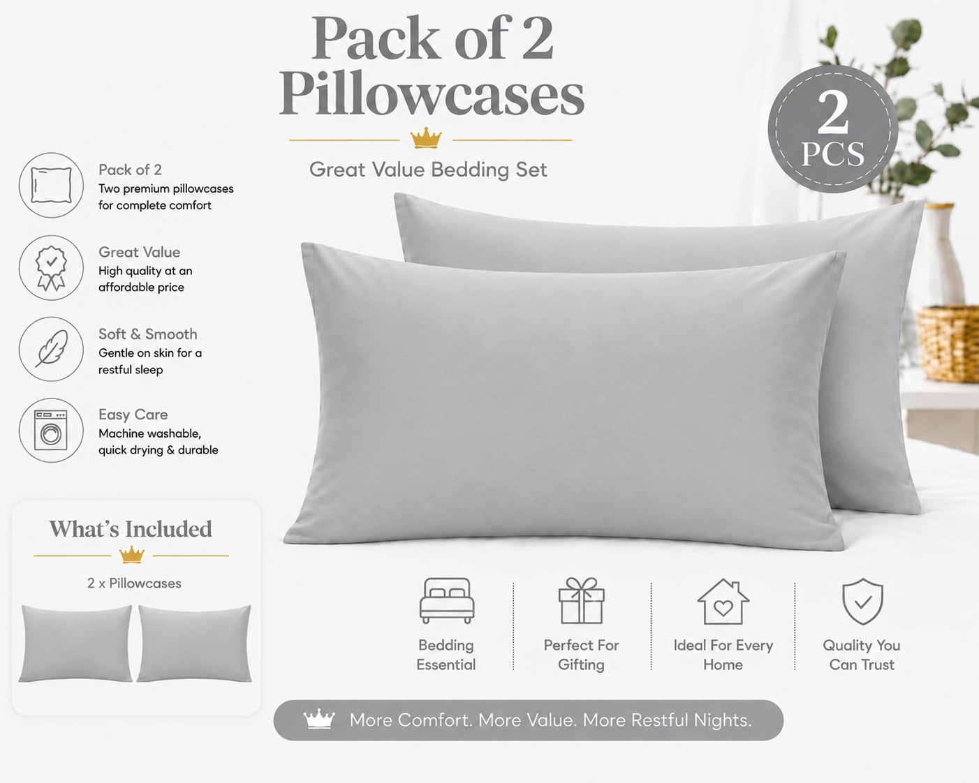 Housewife Polycotton Pillowcases Pair – Luxury Plain Dyed Easy Care Bedding | Night Zone
