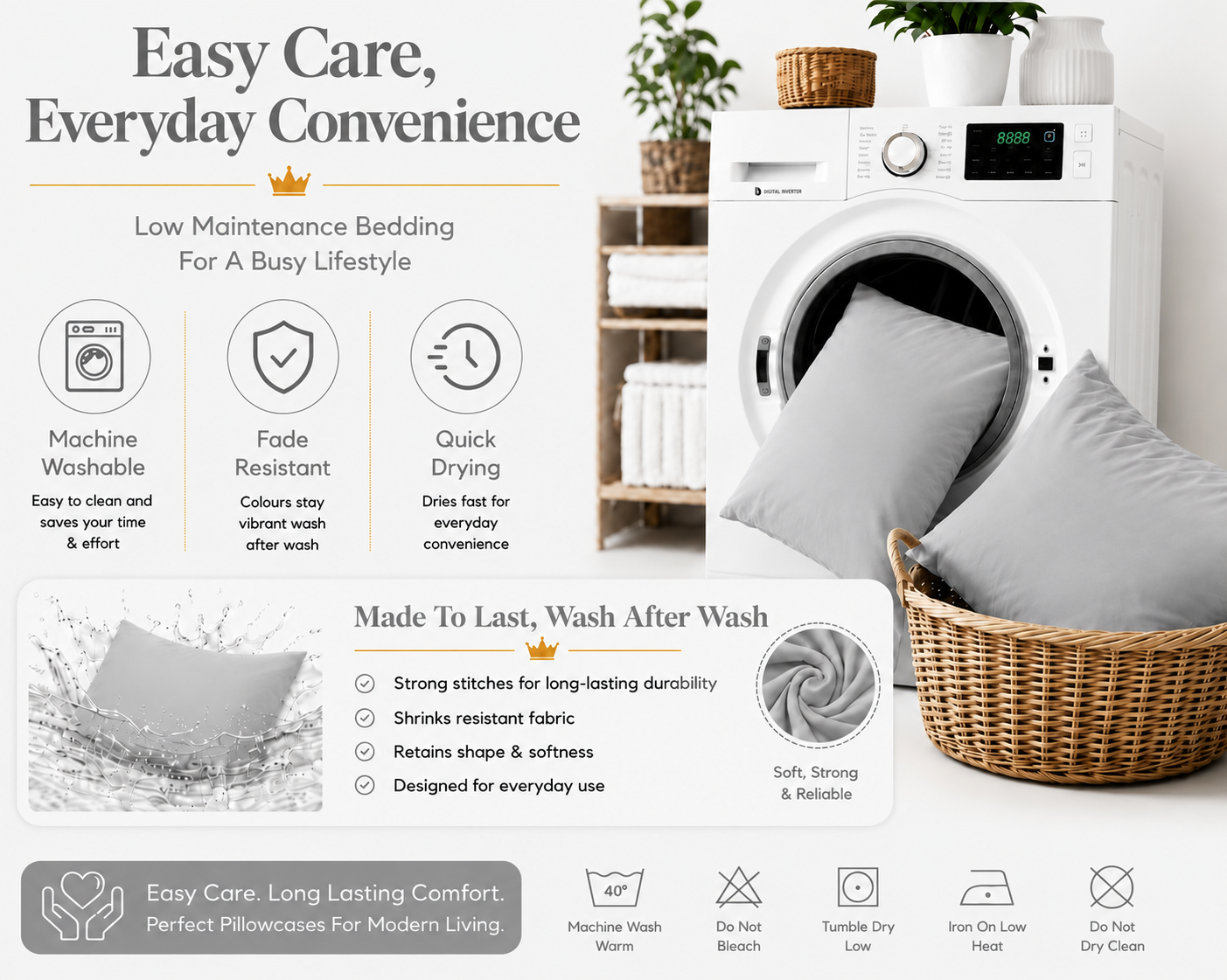 Housewife Polycotton Pillowcases Pair – Luxury Plain Dyed Easy Care Bedding | Night Zone