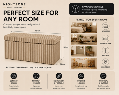 Corduroy Ribbed Foldable Storage Ottoman Box – Padded Storage Bench with Lid | Night Zone