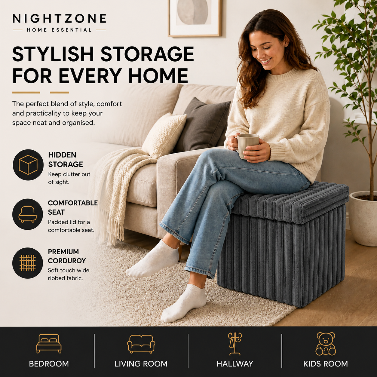 Corduroy Ribbed Foldable Storage Ottoman Box – Padded Storage Bench with Lid | Night Zone