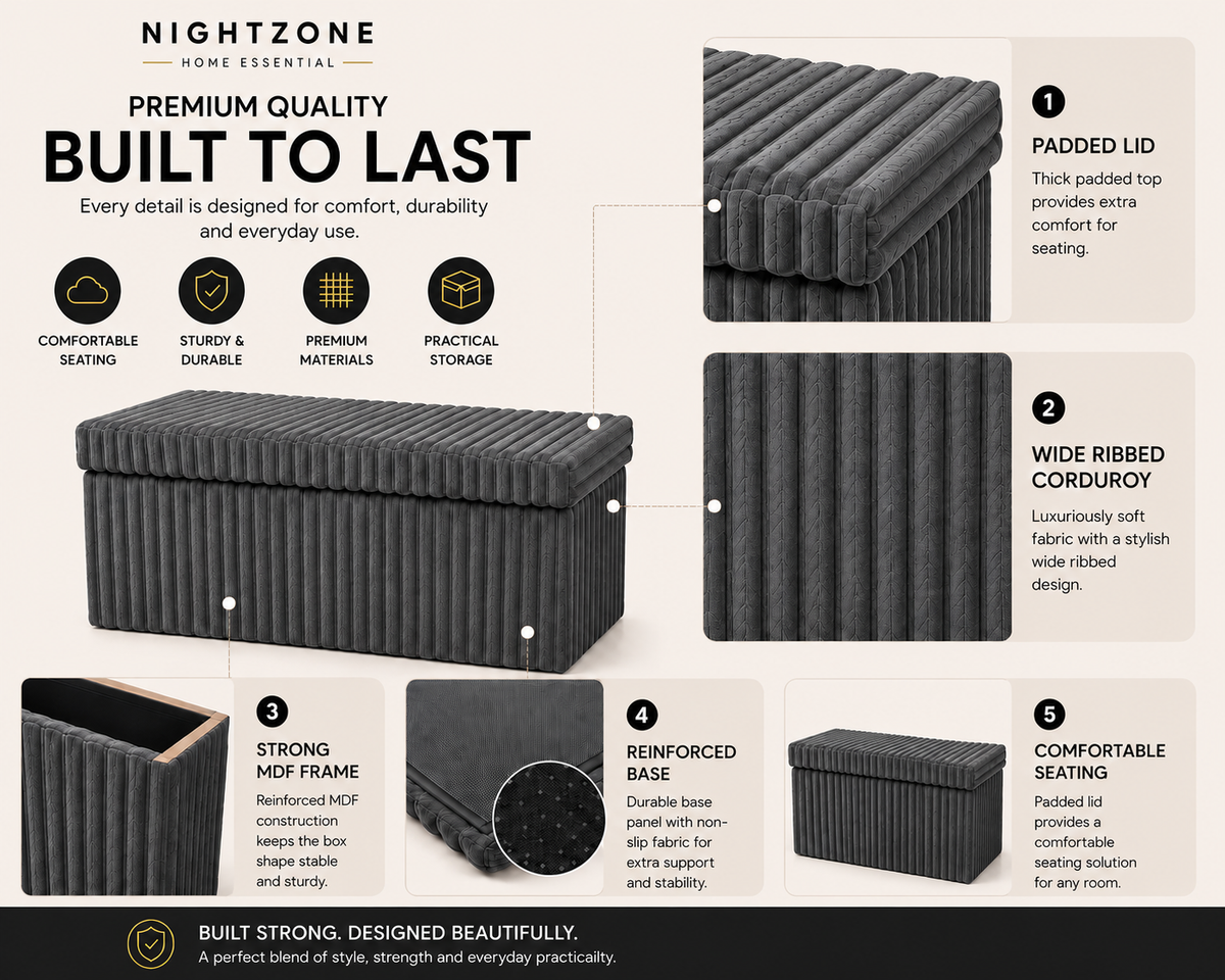 Corduroy Ribbed Foldable Storage Ottoman Box – Padded Storage Bench with Lid | Night Zone