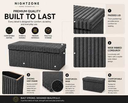 Corduroy Ribbed Foldable Storage Ottoman Box – Padded Storage Bench with Lid | Night Zone