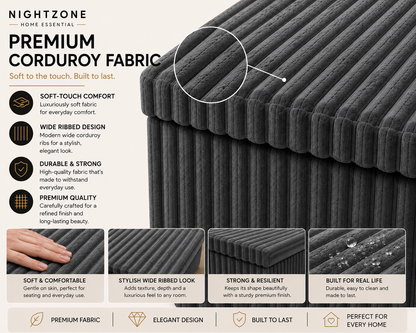 Corduroy Ribbed Foldable Storage Ottoman Box – Padded Storage Bench with Lid | Night Zone