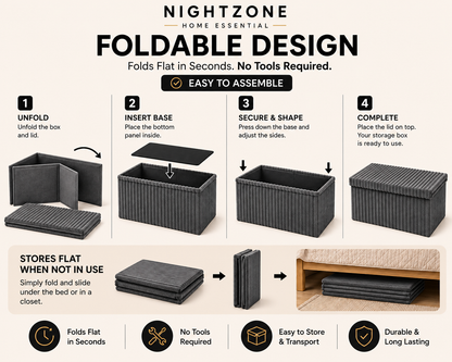 Corduroy Ribbed Foldable Storage Ottoman Box – Padded Storage Bench with Lid | Night Zone