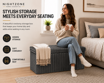 Corduroy Ribbed Foldable Storage Ottoman Box – Padded Storage Bench with Lid | Night Zone